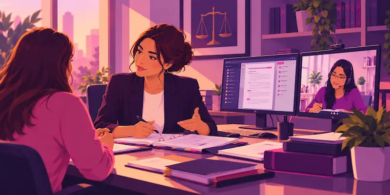 Family law attorney focusing on a client meeting while a virtual paralegal manages case preparation remotely.