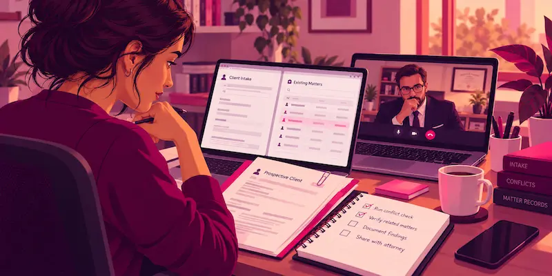 Virtual legal assistant researching a conflict check while a solo attorney reviews the potential match.