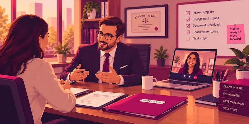 Solo attorney meeting with a new client after a virtual legal assistant completes the intake process.