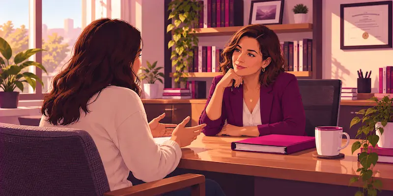 A solo attorney listens attentively to a client during a consultation in her law office.