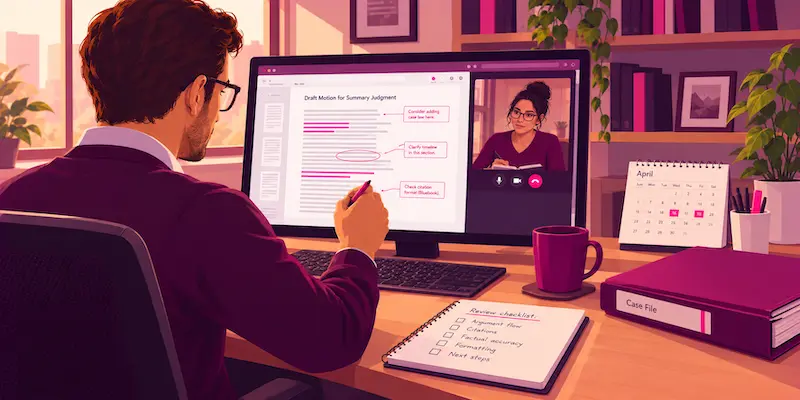 Solo attorney reviewing a legal draft prepared by a virtual paralegal before approval.