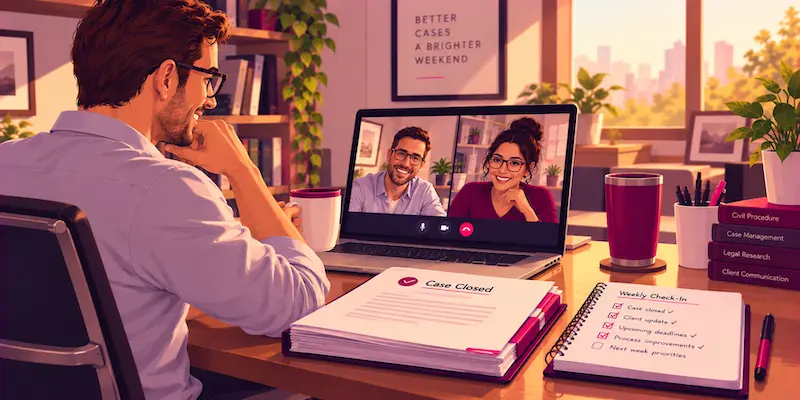 Solo attorney and virtual paralegal reviewing case priorities during a weekly remote check-in.