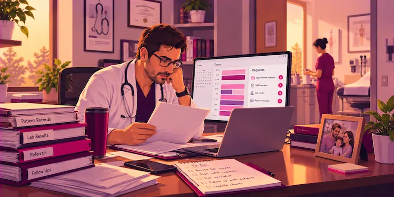 Family physician reviewing patient records and scheduling paperwork after a busy day at his medical practice.