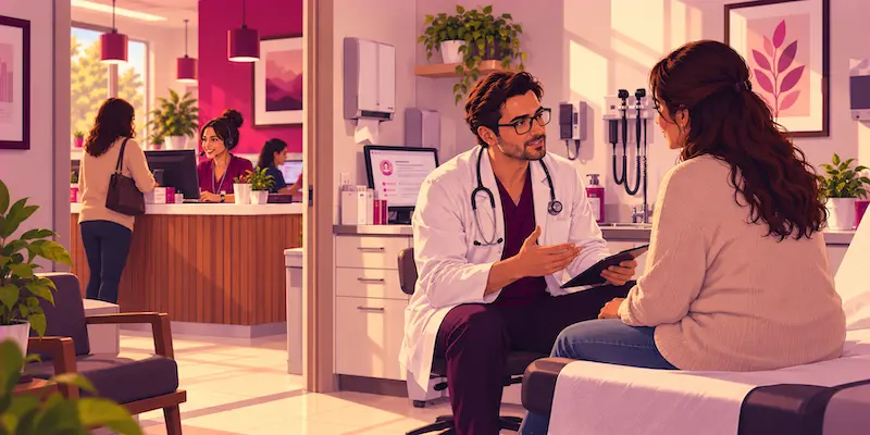 A physician attends to a patient while administrative staff coordinates appointments and routine communication in a medical clinic.