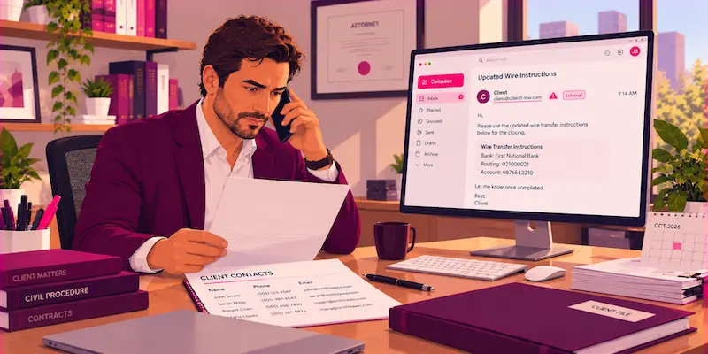 Solo attorney verifying suspicious wire transfer instructions by phone before authorizing a payment.