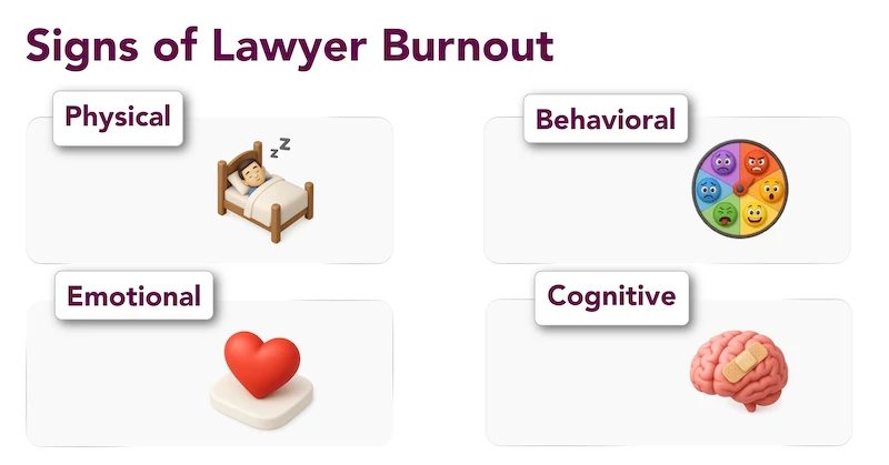 Infographic showing key signs of lawyer burnout.
