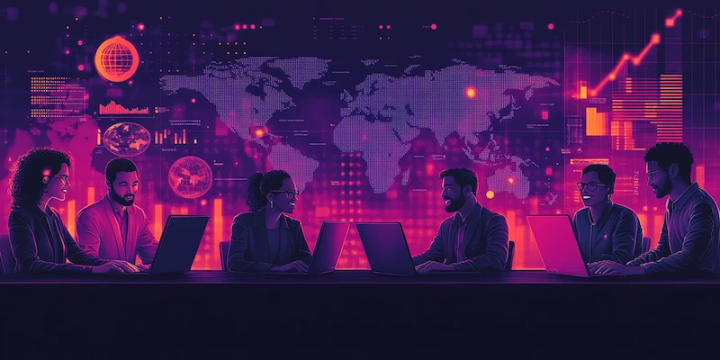 Diverse remote team collaborating virtually with a statistic bubble highlighting 36% higher profitability for diverse companies.