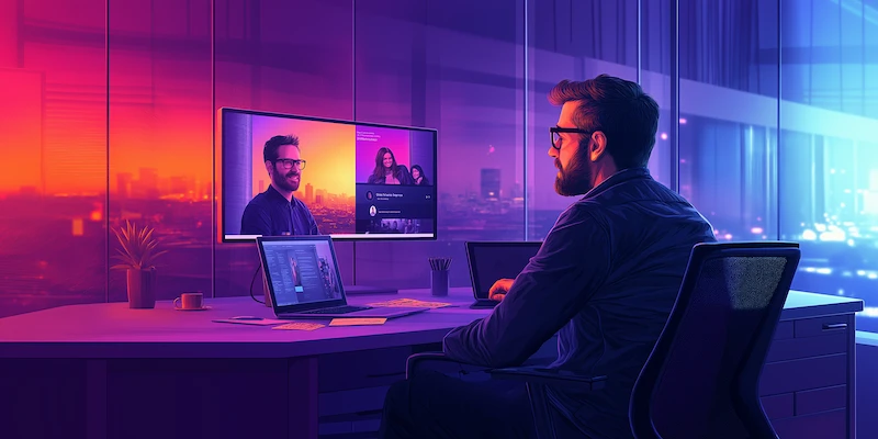 Modern business leader collaborating with a remote Latin American team during a virtual meeting in a bright office