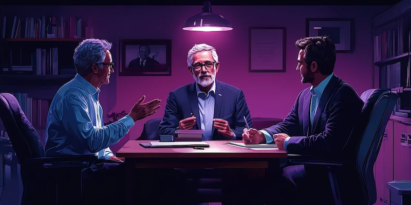 Retiring lawyer introduces successor attorney to a client during a solo law practice transition meeting.