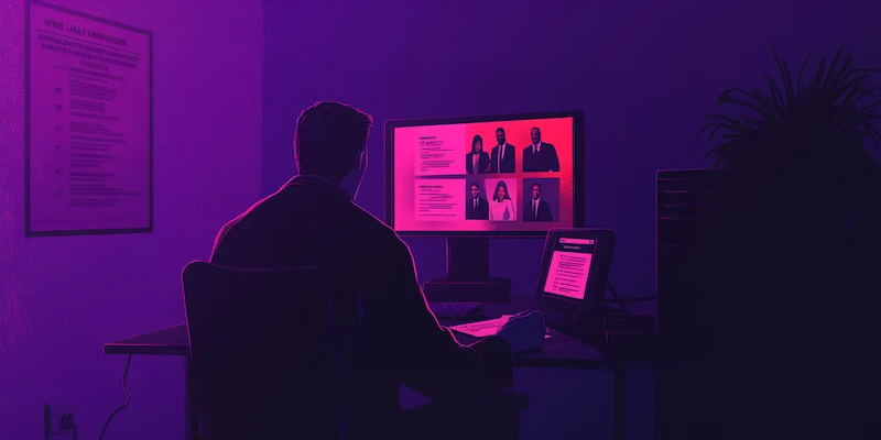 Law firm owner meeting with a Virtual Latinos recruiter to review pre-vetted virtual legal assistant candidates during a personalized hiring consultation.