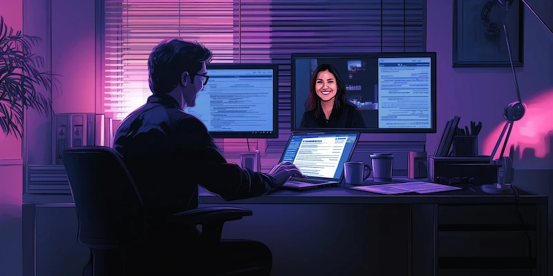 Solo immigration attorney reviewing USCIS forms in a modern law office while collaborating by video call with a bilingual Latin American virtual legal assistant on client case management.