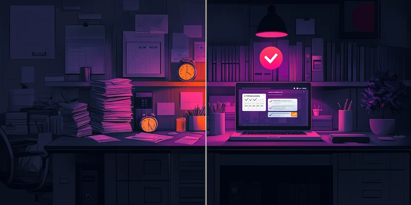 Illustration comparing a disorganized immigration law office with an organized digital workspace using case management software, calendar automation, and bilingual virtual legal assistant support.
