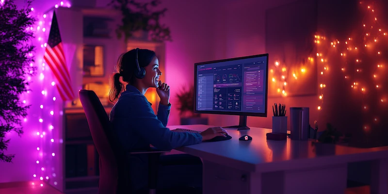 Bilingual Latin American immigration virtual assistant working from a modern home office, speaking with a U.S. client while monitoring a USCIS case tracking dashboard in a secure remote workspace.