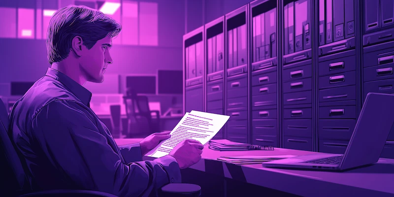Solo attorney reviewing data security procedures and client confidentiality policies in a professional law office.