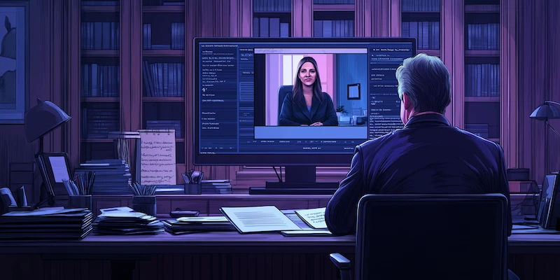 Attorney supervising a virtual legal assistant while reviewing legal documents and administrative workflows.