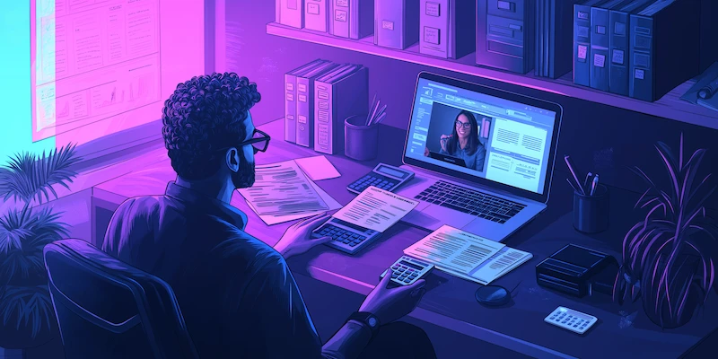 Business owner reviewing budget documents while discussing virtual assistant services rates on a video call in a professional office setting.