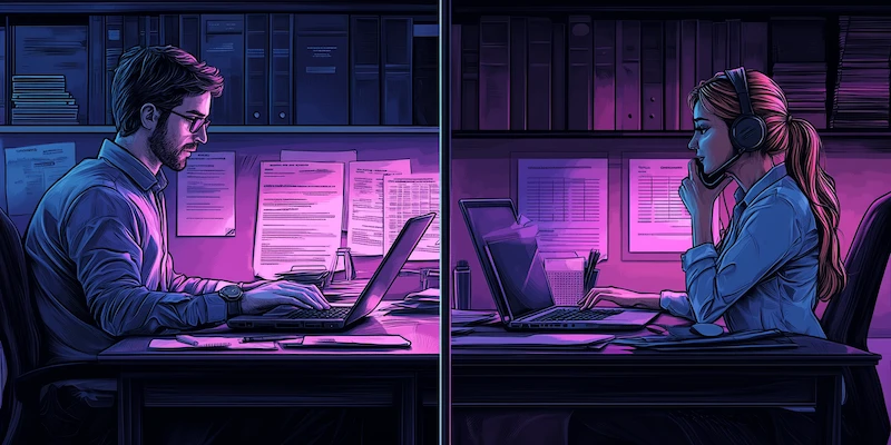 Split image showing a legal assistant handling documents and a legal secretary managing schedules in a law office