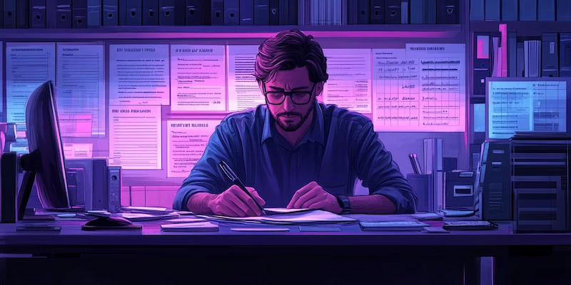 Solo attorney overwhelmed by administrative tasks and legal work late in the office.