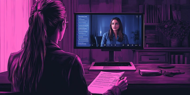 Solo attorney conducting a structured video interview with a legal virtual assistant candidate.