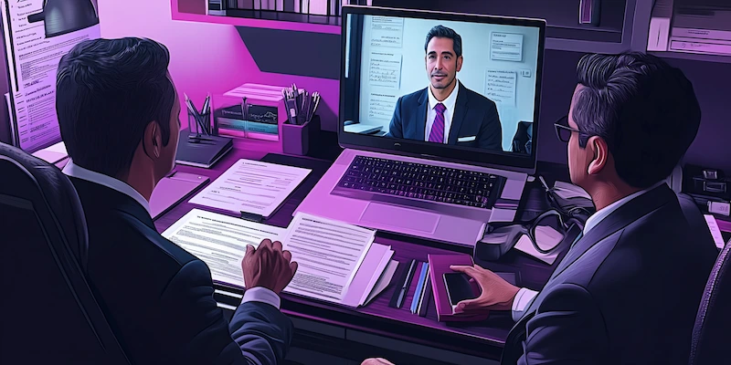 Law firm operations manager coordinating centralized administrative workflows with a remote legal professional while an attorney focuses on casework.