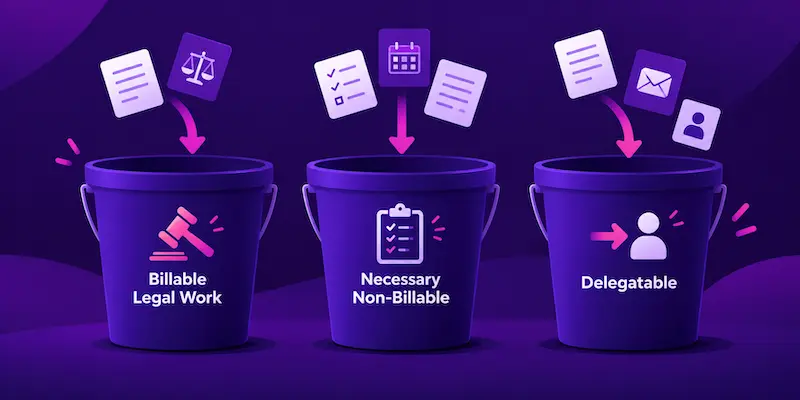 Time audit infographic sorting solo law firm tasks into billable legal work, necessary non-billable work, and delegatable tasks.
