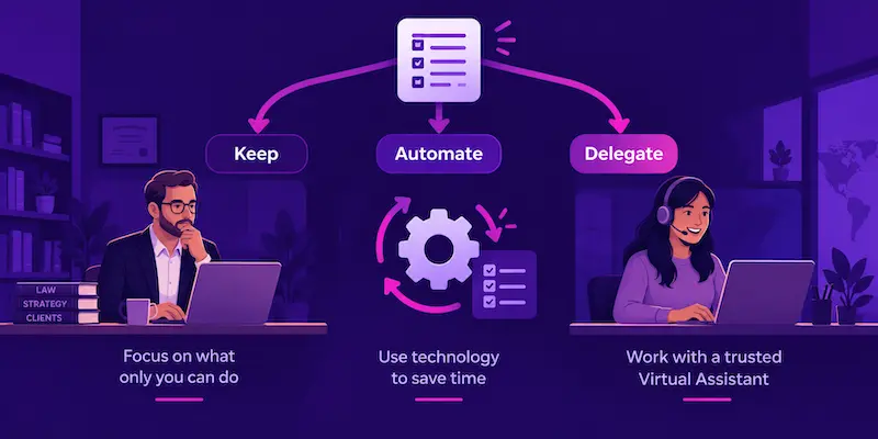 Decision flow showing how solo attorneys can keep high-value legal work, automate repetitive processes, or delegate lower-value tasks to remote support.