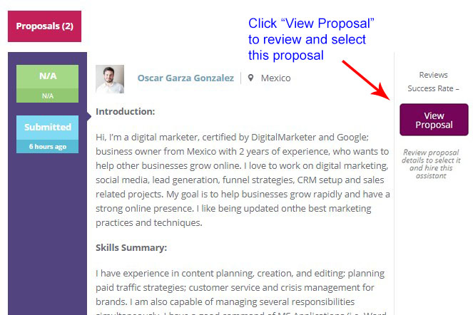 Select Proposal for job posted to hire virtual assistant Latin america